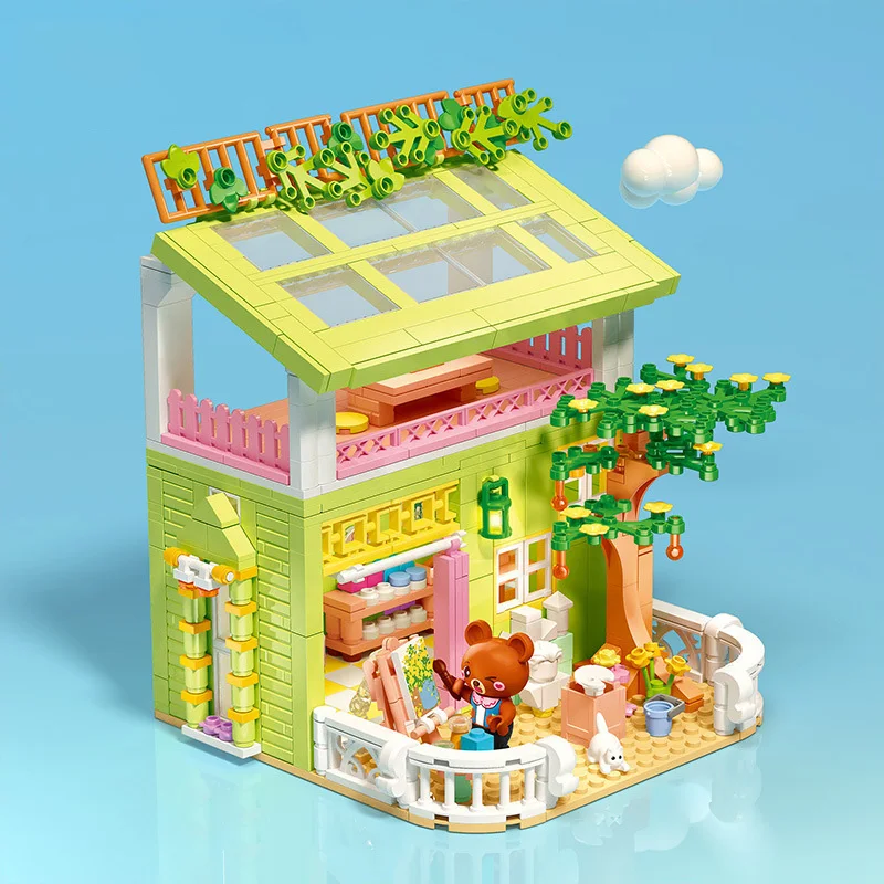 

Idea Mini Block 4in1 Summer Villa House Building Brick Toys With Light City Street View Cartoon Baby Bear Figures For Girls