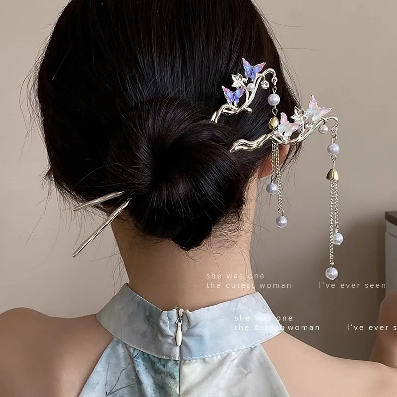 Retro Alloy Flower Hairpins Romantic Chinese Style Tassel Hair Forks Elegant Hanfu Hair Accessories Suitable For Daily Wear