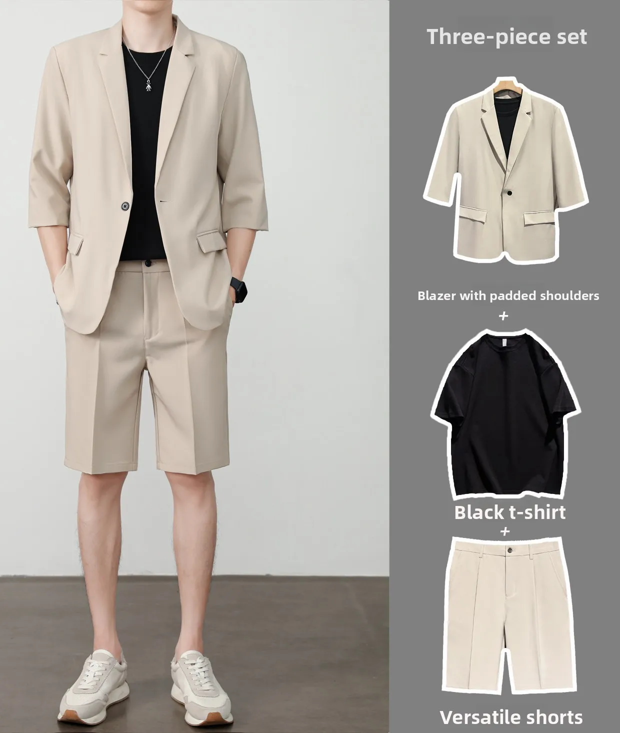 Khaki suit + black short t + shorts