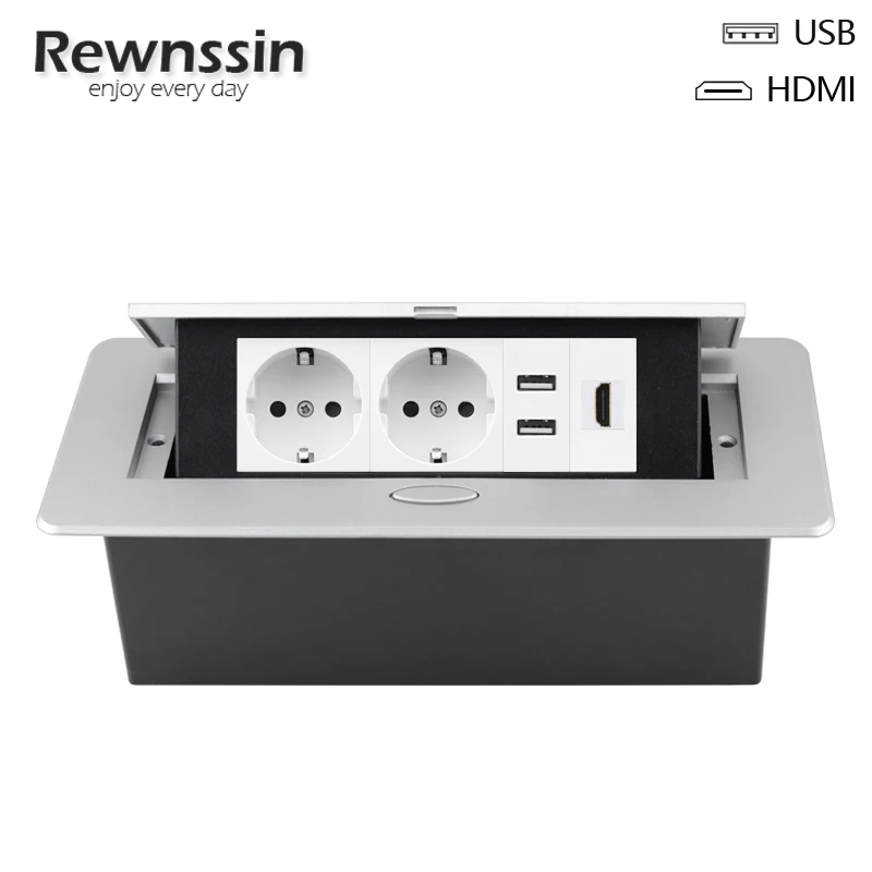 Rewnssin White Table Sockets EU Standard, Desktop Hidden, Aluminum Alloy Box Built-in Outlet, USB DATA, RJ45, HDMI, TV, RJ11 DIY