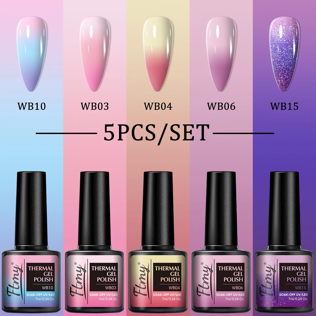 FTMY 5-delige 7ml herfstkleur hete gel nagellakset, temperatuur kleurveranderende gelnagelset, nagelbenodigdheden, nagelbenodigdheden,