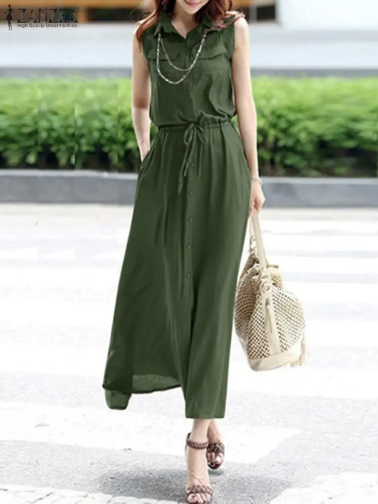 ZANZEA Elegant Party Long Dress Summer Lapel Sleeveless Shirtdress Women Solid OL Work Sundress Fashion Drawstring Waist Vestido