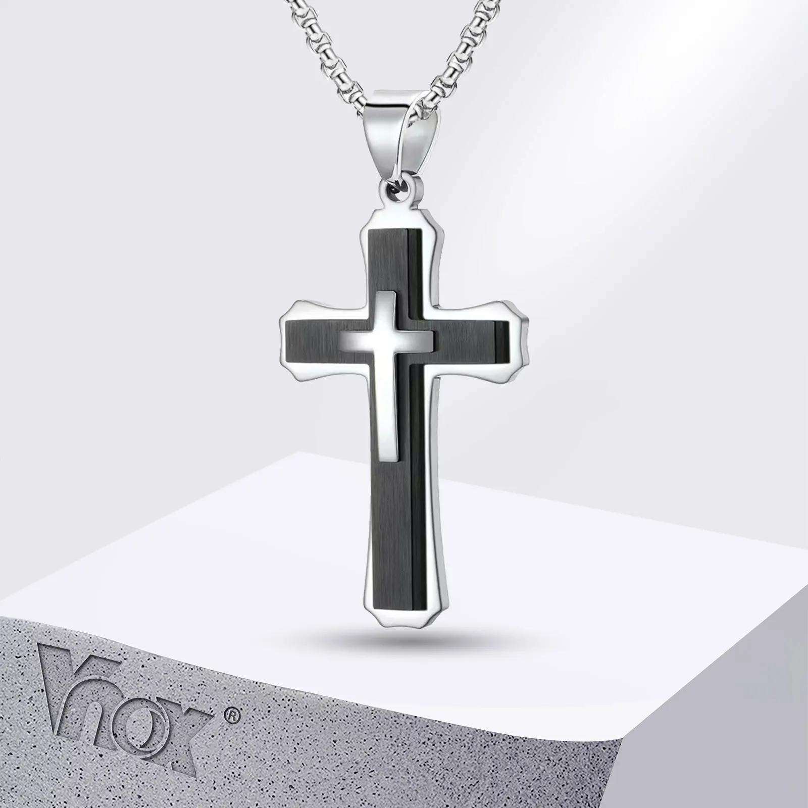 Vnox Chunky Heavy Mens Cross Necklaces, 3 Layers Cross Pendant with Box Chain, Christian Religious Faith Prayer Jewelry Gift