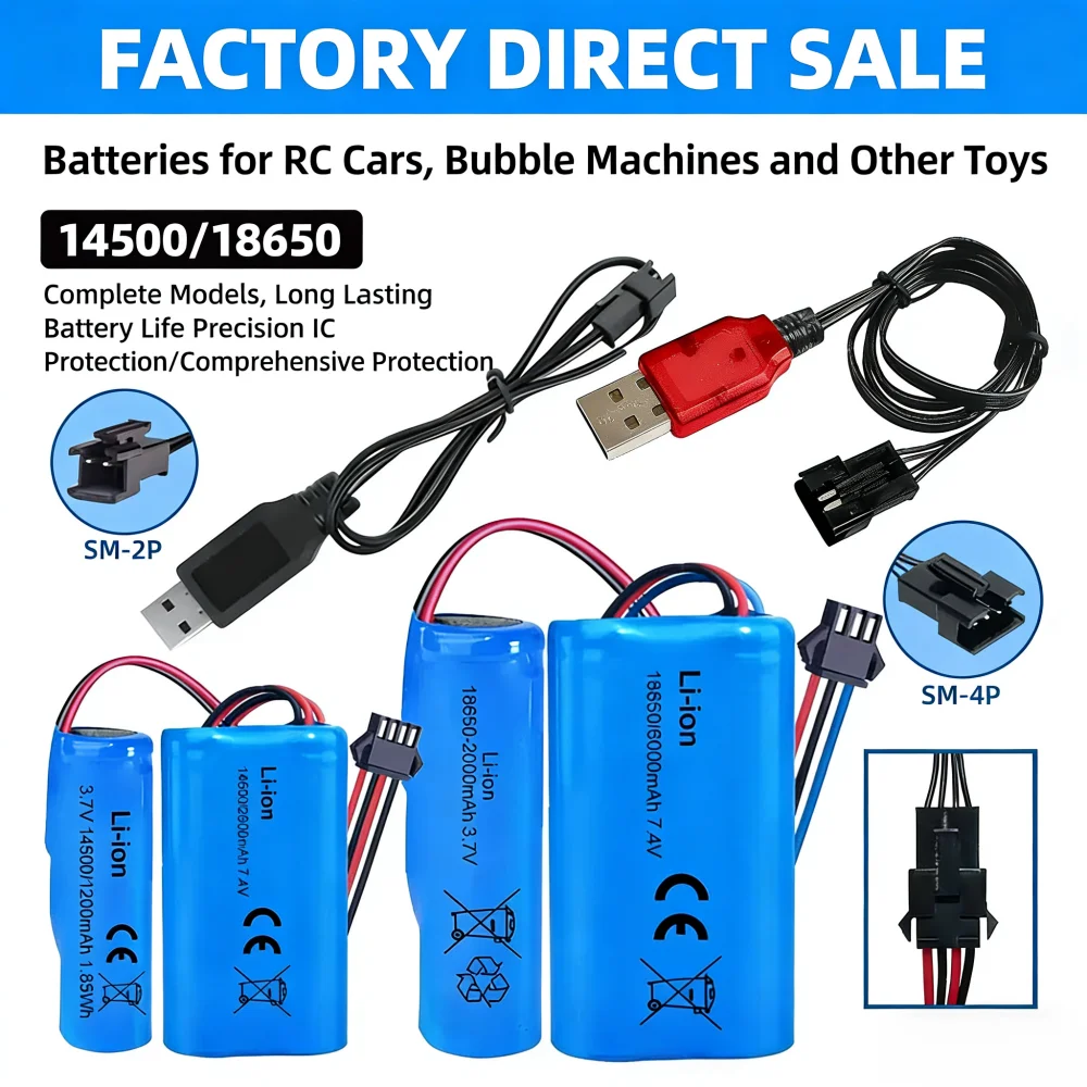 14500 18650 3.7V Li-ion Battery High-Capacity with SM-2P Plug for RC Car, Truck, Boat, Tank Toys Upgrade