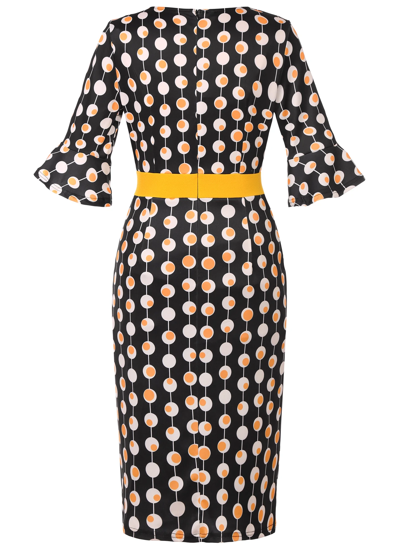 Women V Neck 3/4 Flare Sleeve Polka Dot Print Bodycon Pencil Work Knee Length Colorblock Retro Business Casual Dress