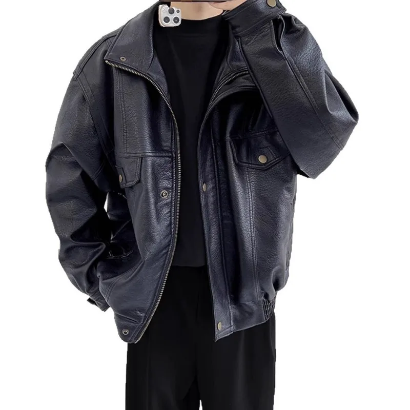 American Vintage Faux Leather Jacket Men Stand Collar Motorcycle Short Bomber Coat
