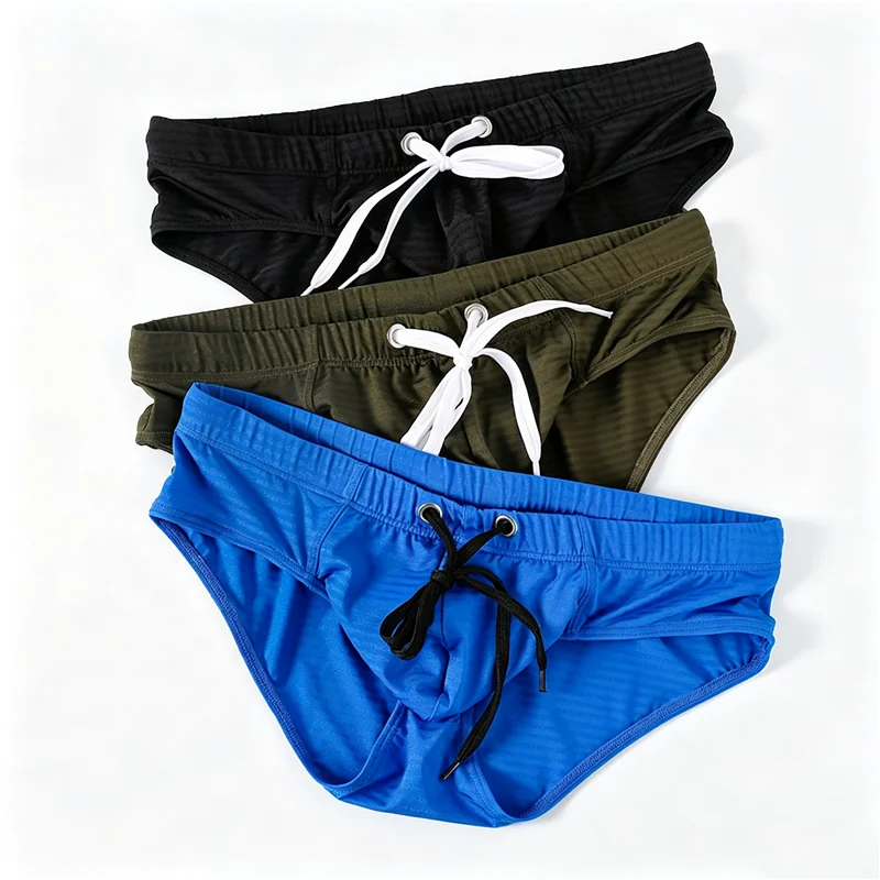 3Pcs/2Pcs Men Swim Shorts Solid Color Drawstring Waist Sports Swim Trunks With Double‑Layer Mesh Liner For Beach Swimming