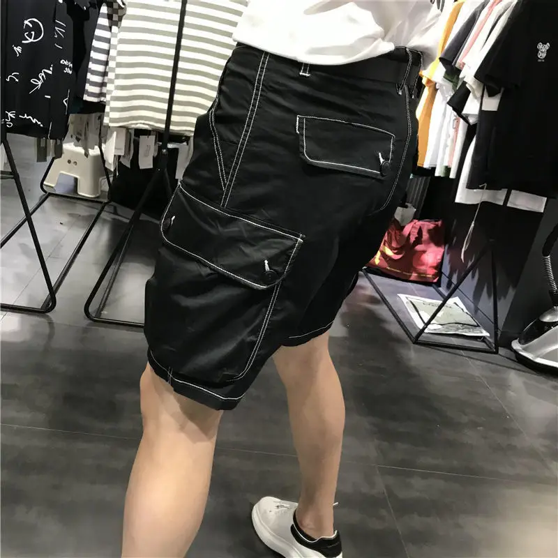 Bermudas con cremallera para hombre, pantalones cortos Cargo sólidos, bolsillos con botones negros, cintura elástica, nuevo