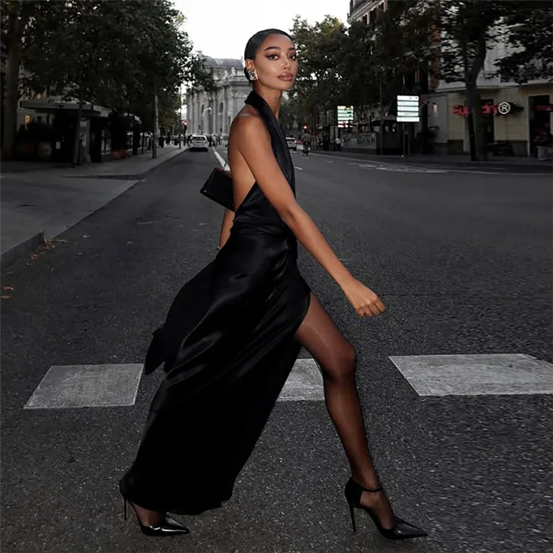 أوروبا وأمريكا ربيع جديد مثير عميق الخامس عارية الذراعين فستان مزاجه انقسام بلون فستان امرأة