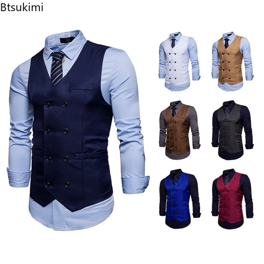 2024 Men\'s Formal Dress Vest Top Double Breasted Casual Tank Tops Solid Slim V-Neck Club Party Suits Vest Formal Waistcoat Men