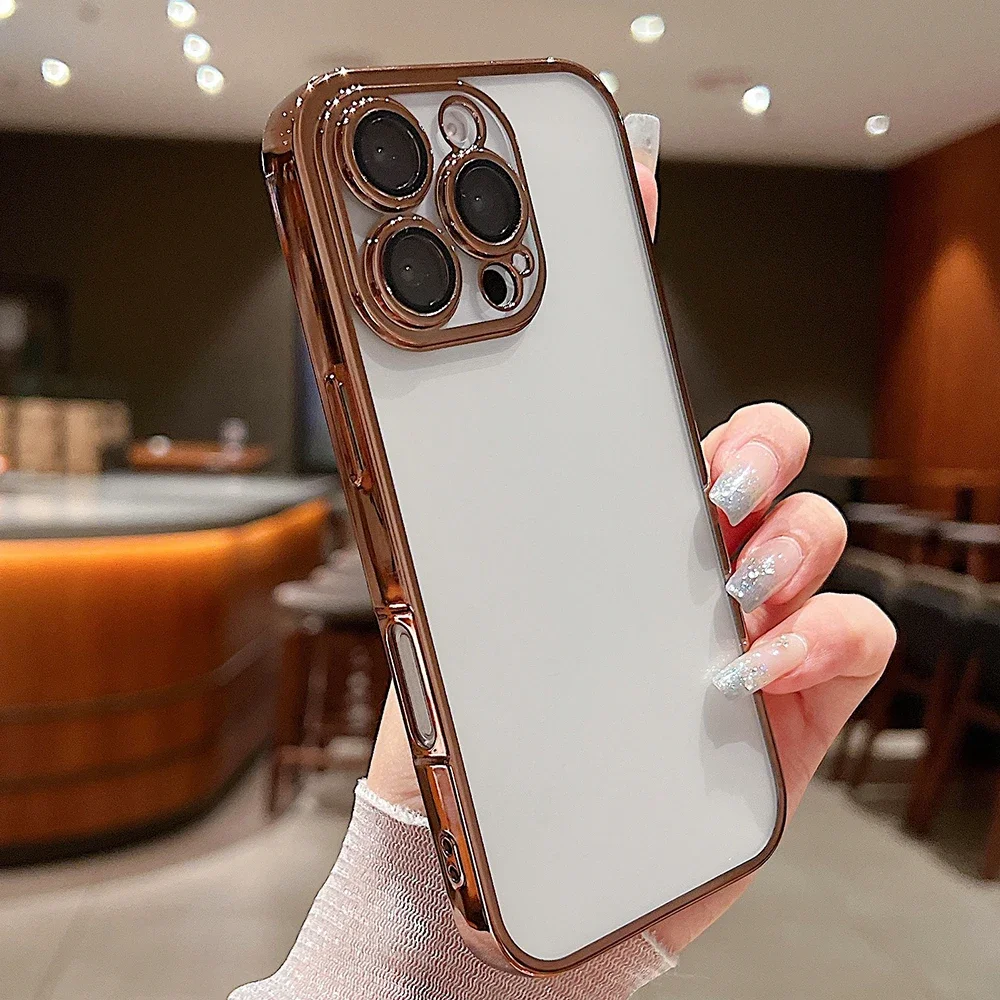 Tytanowo-złote etui na telefon z cienkim otworem i folią na obiektyw iPhone 16 15 14 13 12 11 Pro Max Plus odporne na wstrząsy, ultracienkie,