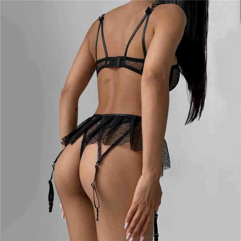 Sexy Bra Brief Set 3 PCS Ruffles Solid Lingerie Underwear Lace See Through Seamless Intimate Comfortable Black White Exotic Sets