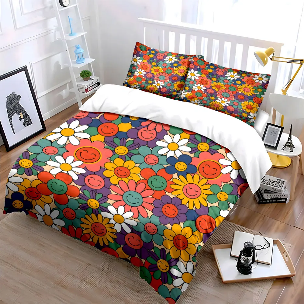 Smiling Colorful Flower Pattern Duvet Cover Set Digital Print Colorful Polyester Bedding with Zipper Closur for kids gifts
