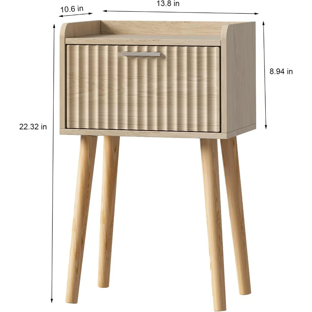 LAATOOREE 나이트스탠드 2개 세트, 플루티드 도어가 있는 소형 침대 옆 테이블, 원목 다리가 있는 엔드 테이블, 미드센추리 침대 옆 테이블