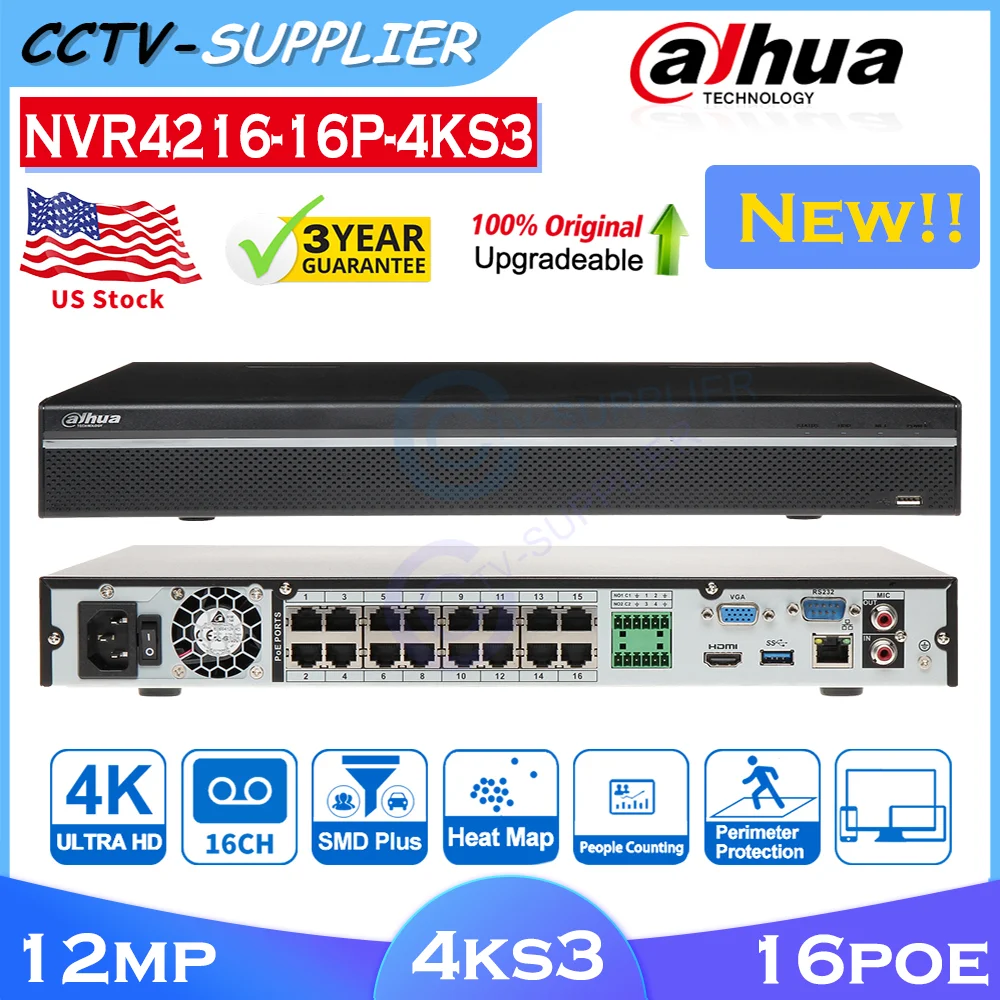 

Dahua NVR4216-16P-4KS3 16Channels 4-Series 2-Bay 1U 2HDD 4K 16-PoE NVR AI-By NVR 4-channel SMD Plus HDMI VGA Network Recorder