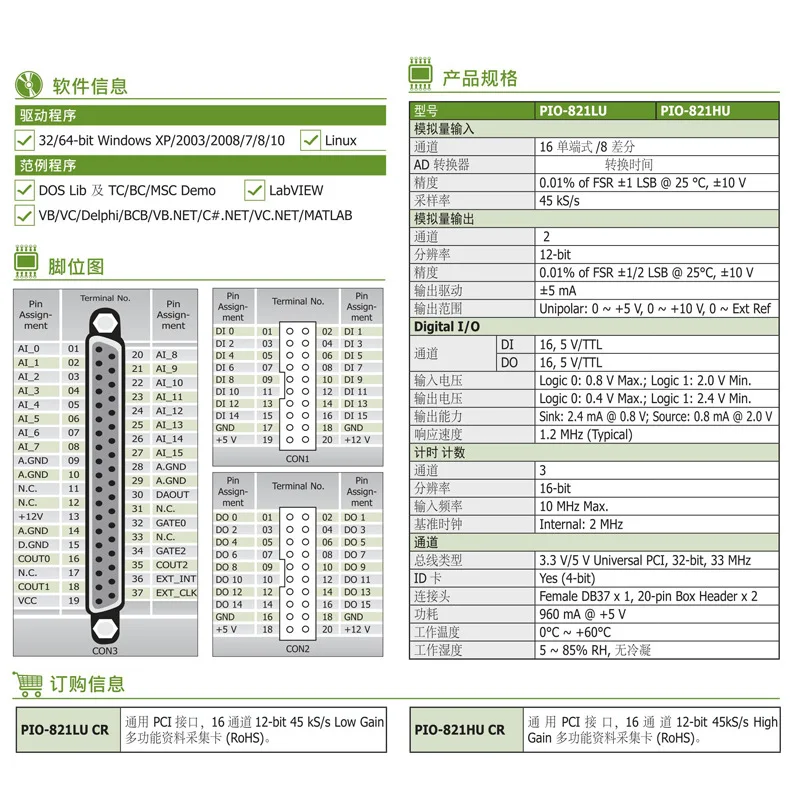 PIO-821LU/HU Hongge 12-bit 16-channel AD/1-channel DA Multi-function Digital DIO Data Collection Card