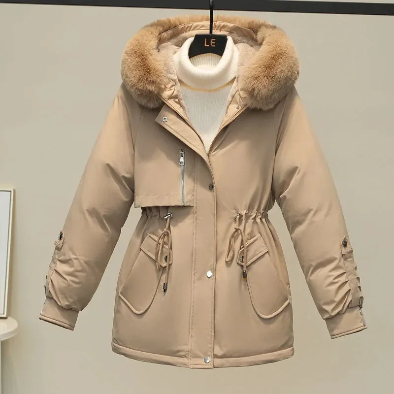 Abrigo grueso de longitud media con capucha para mujer, parka holgada con cuello de piel grande, ropa de nieve cálida para invierno, novedad de 2023