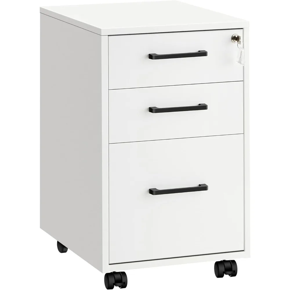 File Cabinet, Office Filing Cabinet with Lock, Pre-Assembled Except Wheels and Handles, for A4, Legal, Letter Sized Documents