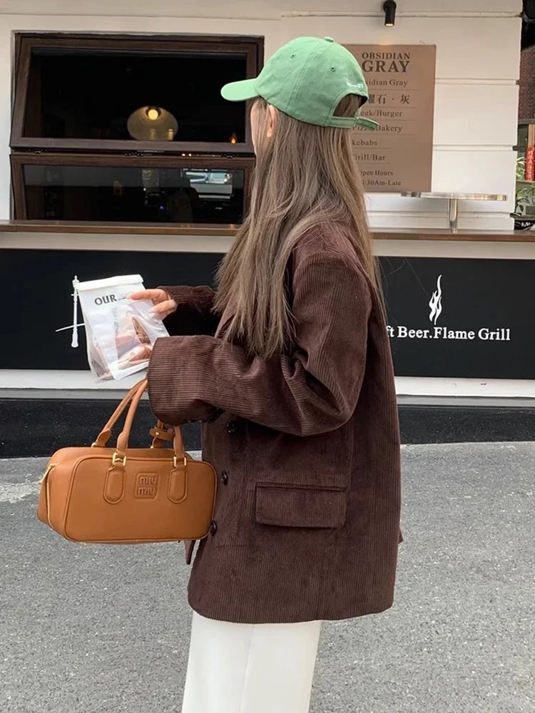 2024 Fashionable Coffee Color Double-breasted Vintage Corduroy Blazers for Autumn and Winter Loose Coats Jacket For Women Suit