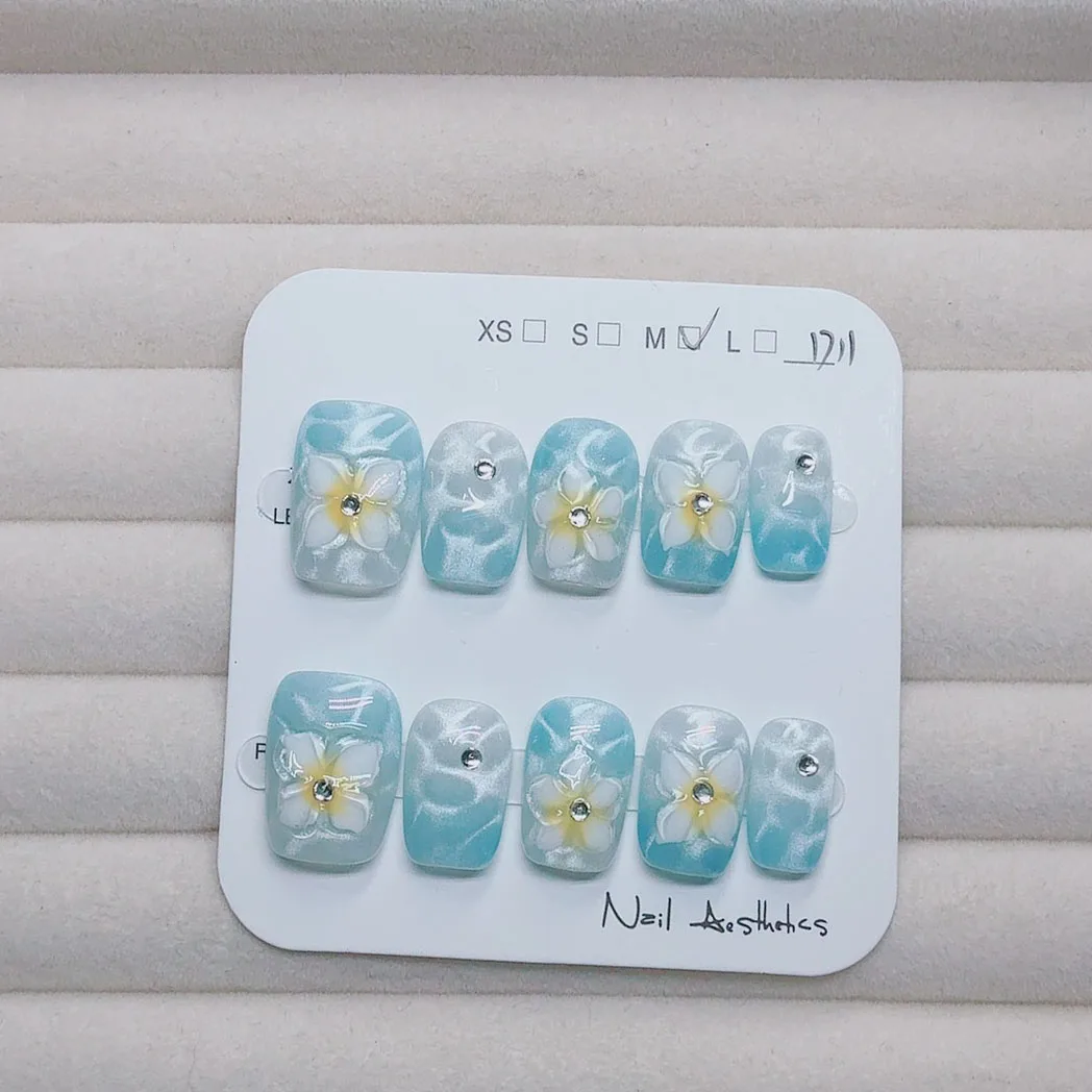 

10pcs Handmade Press on Nails Cat's Eye Daisy with White Petals Fake Nail for Short Square Women&Girl Removable Detachable Nail