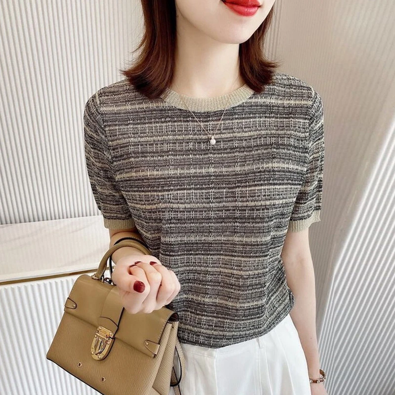 2024 Summer Women Stylish Elegant Striped Ice Silk Knitted T-shirt Casual O Neck Short Sleeve Slim Chic Basic Tops Ropa De Mujer