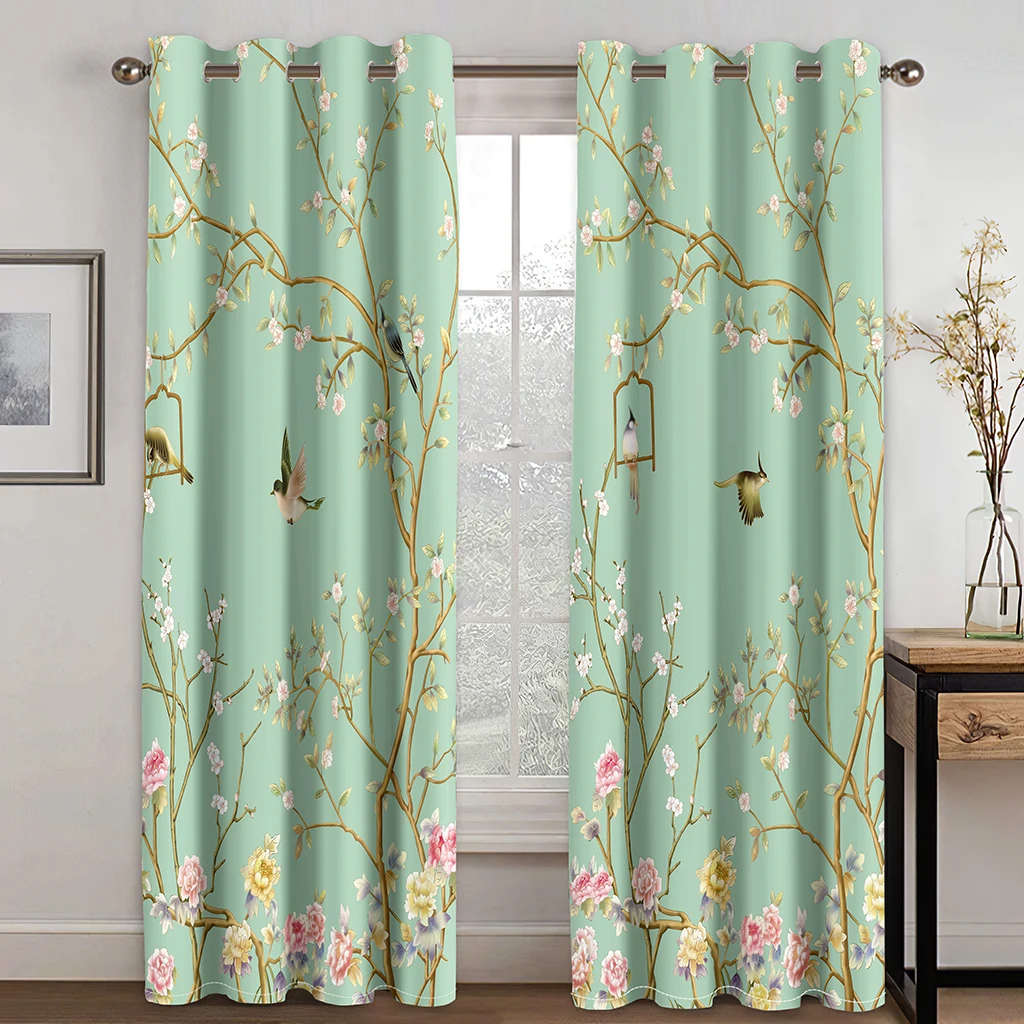 3D Flower Birds Branches Bird Cages Green Pattern Curtains for Bedroom Decoration Item Window Curtain Living Room Thin Curtains