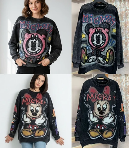 European and American fashion brand autumn and winter heavy-duty washed letter Mickey print round neck hoodie top