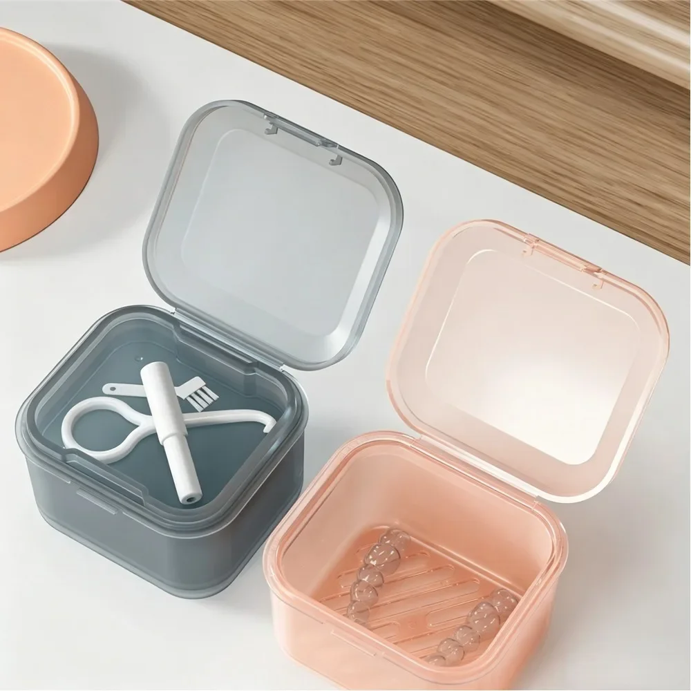 Leakproof Orthodontic Retainer Storage Box Denture Mouth Guard Case with Aligner Remover Tool Cleaning Brush for Home & Travel