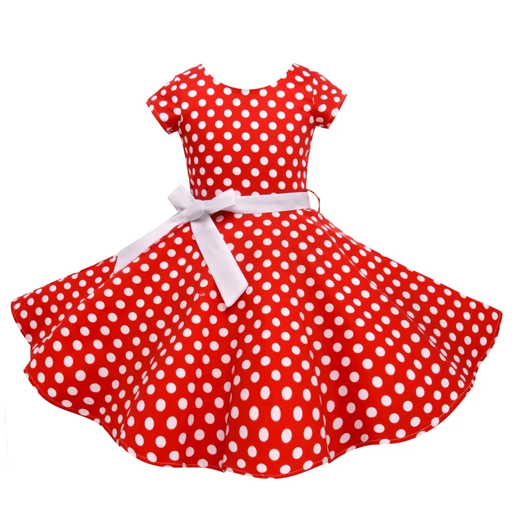 Summer Girls Dress Elegant Vintage Cotton Retro Princess Dress Party Costume Kids Clothes Red Dot Girl Dress Children Clothing