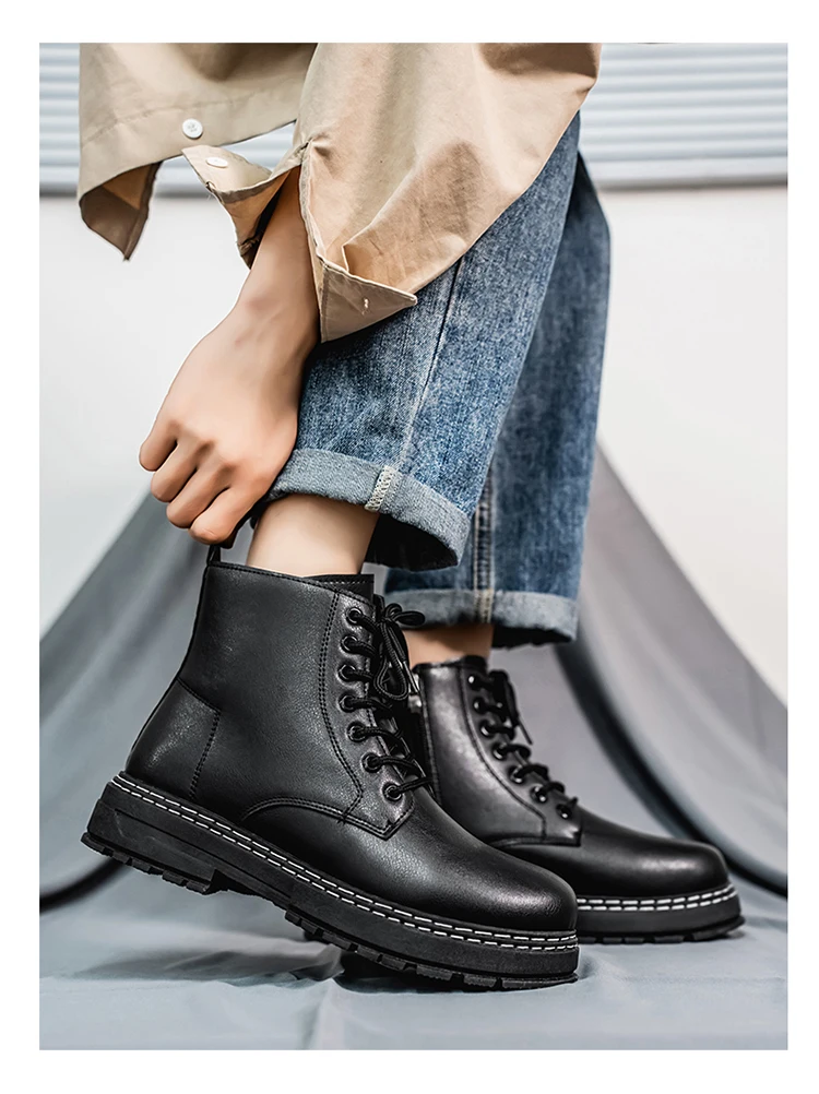Britischer Stil Schwarze Hohe Arbeitsstiefel, Plattform-Höhenverstellbare Knöchelstiefel für Outdoor & Pendeln – Detail 10