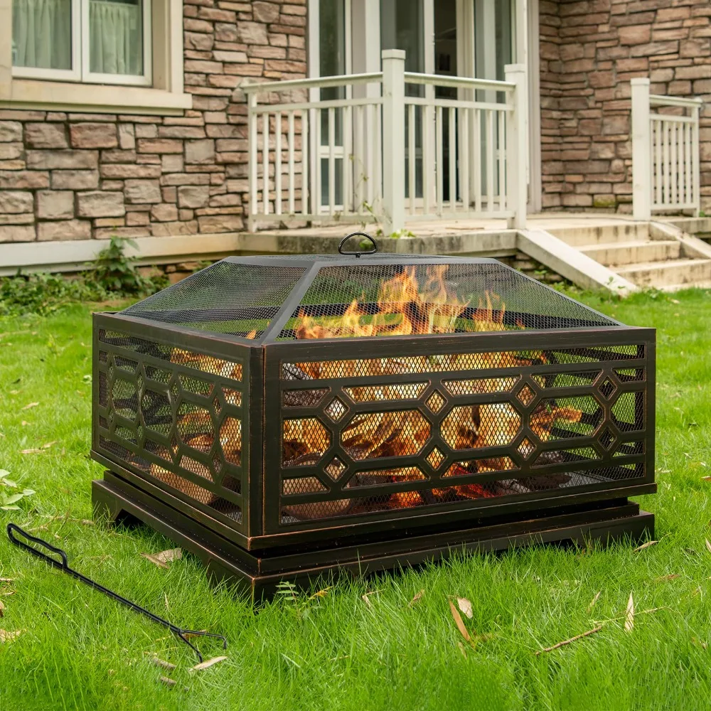 32 Inch Outdoor Fire Pit, Wood Burning Outside Fireplace with Mesh Cover | With Mesh Cover & Fire Poker, Firepit for