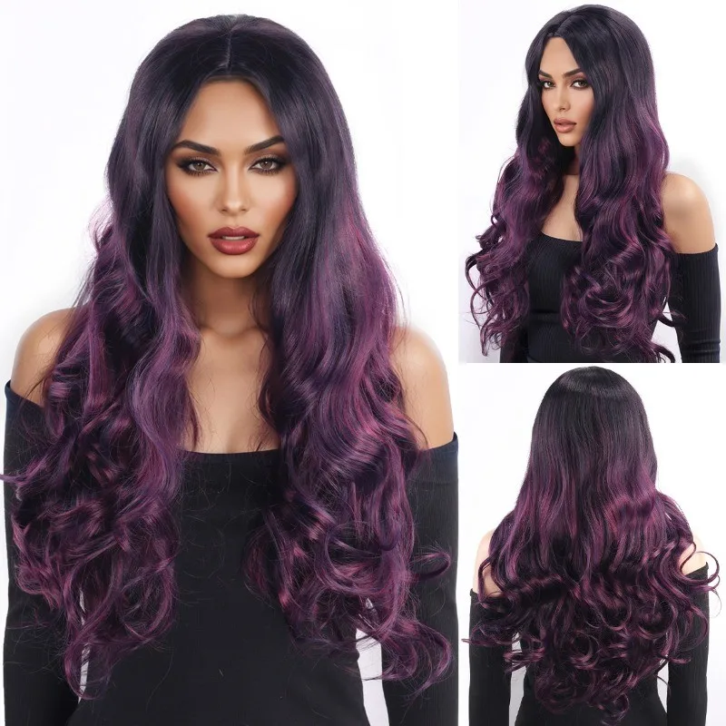 

Women's Wig Curly Fluffy Full Wig Black Purple Synthetis Hair Wig Ladies Wig