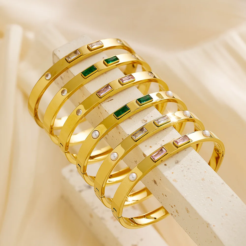 ZALMAN Trendy Chic White Pearl Zircon Bangles Gold Color 361L Stainless Steel Cuff Bracelets For Women Geometric Metal Jewelry
