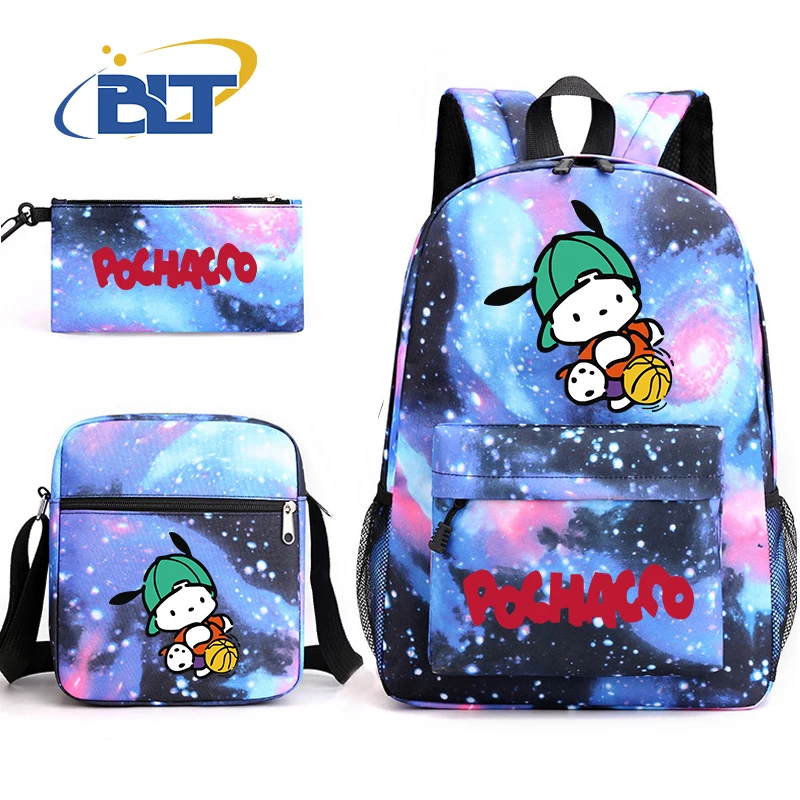 MINISO Pochacco printed student school bag set children's shoulder bag pencil bag backpack three-piece set