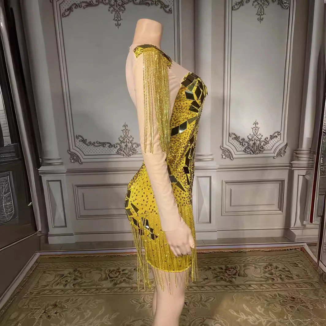 เครื่องแต่งกายวันเกิด Gold Silver Sequins คริสตัลพู่ชุดเซ็กซี่เซ็กซี่ Vestidos De Noche Elegantes งานแต่งงานชุดยาว