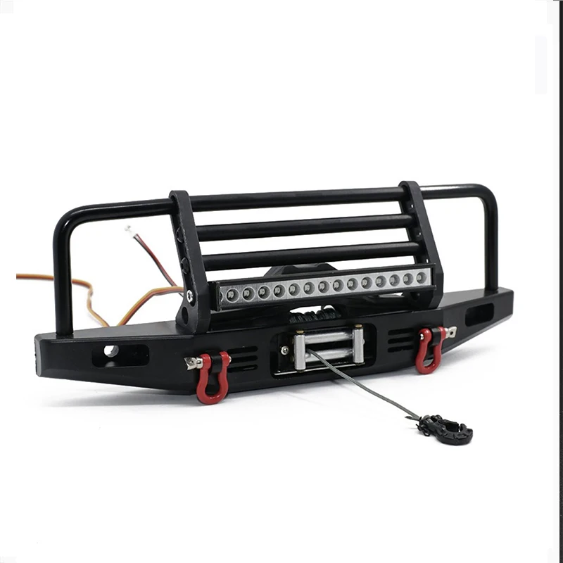 Metal Wilderness Front Bumper Anti-collision LED Light Bar & Winch & Remote Controller For 1/10 RC Climbing Car TRX4 SCX10 9004