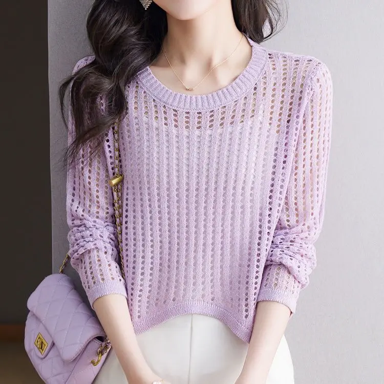 

Long-sleeved T-shirt Hollow Out Casual Sexy Women's 2025 New Spring Foreign Style Thin Knitted Sweater Small Short Top