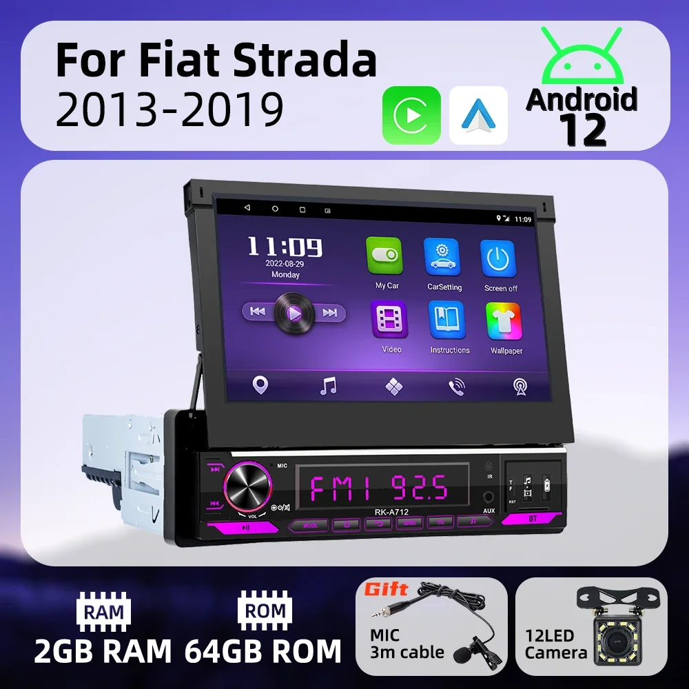 車用7インチマルチメディアステレオヘッドユニット,格納式スクリーン,Android,GPS,wifi,Fiat strada 2013-2019用1dinラジオ