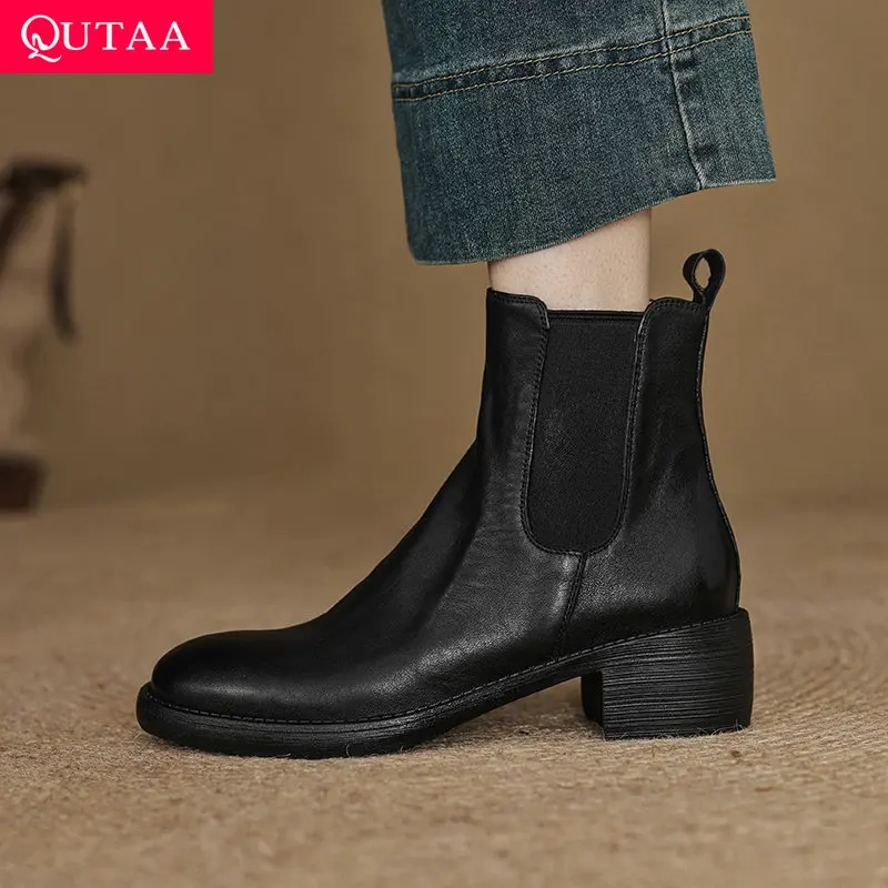 

QUTAA 2025 News Women Ankle Boots Square Heels Autumn Motorcycle Boots Genuine Leather Round Toe Winter Shoes Size 34-39