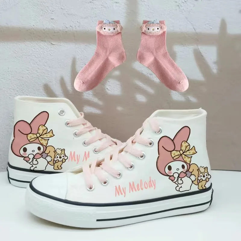 Sanrio Kuromi Lolita Shoes Korean Style Couple High Top Canvas Shoes Boys Girls Student My Melody Print Casual Sneakers 2024 New