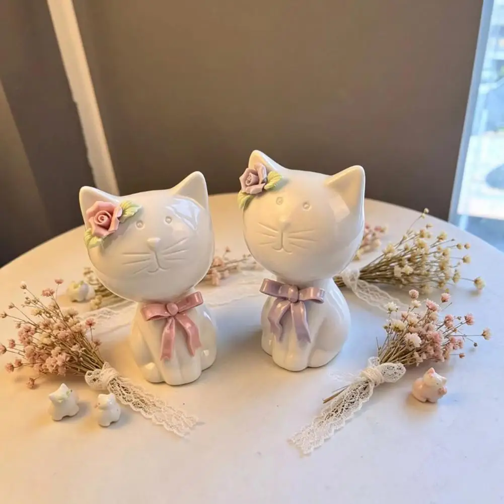 Emitting Color Ceramic Bow Cat Figurine, Sitting Kitten Statue with Flower Decor, Mini Animal Desktop Ornament for Home Office