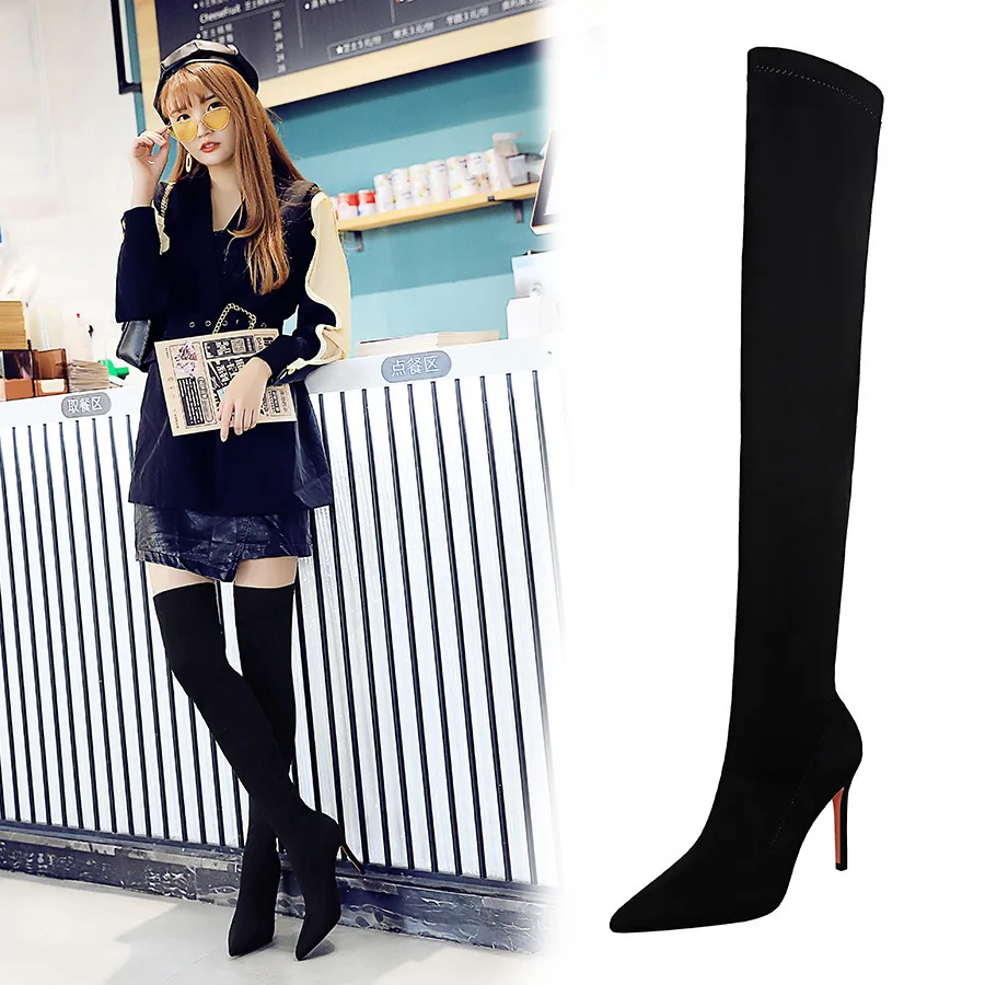 

Fashion Style High Heels Elastic Lycra Slim Heel Pointed Sexy Nightclub Slimming Over The Knee Boots Women Pumps туфли женские