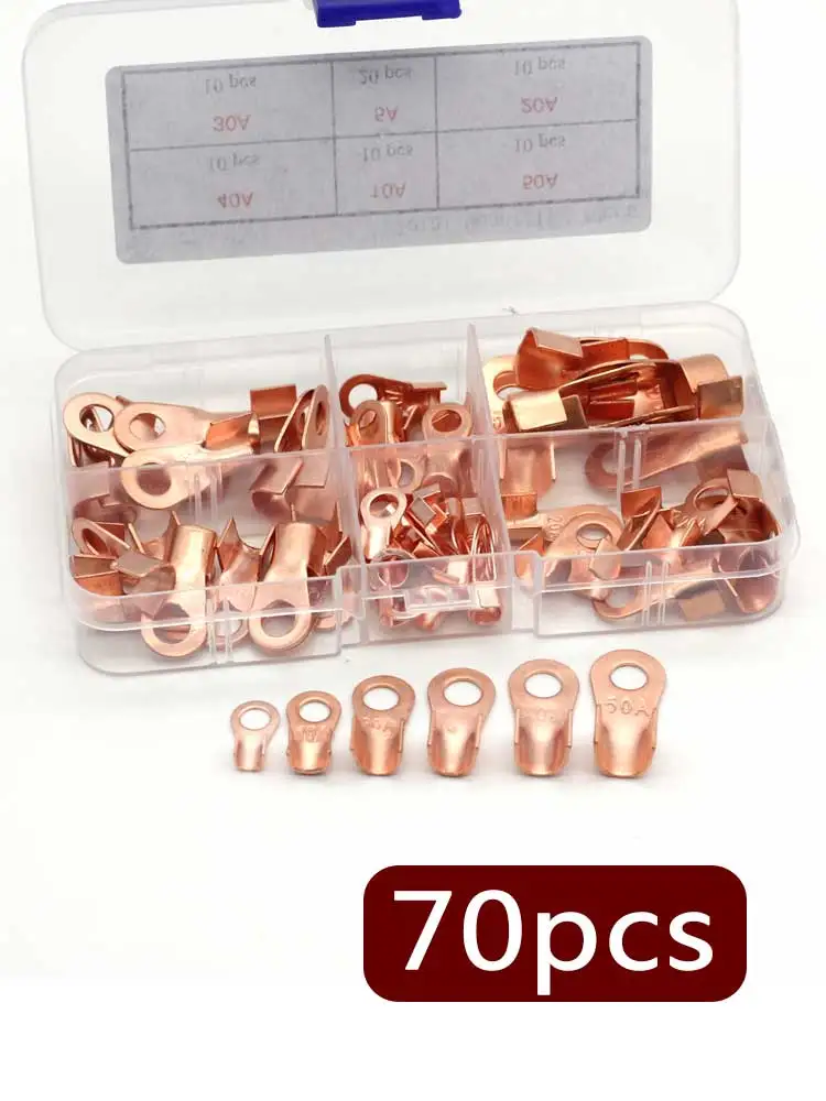 70Pcs Copper Wire Lugs Battery Cable Ends Ring Terminals Connectors Tubing Assortment Kit For Heat Shrink 5A 10A 20A 30A 40A 50A