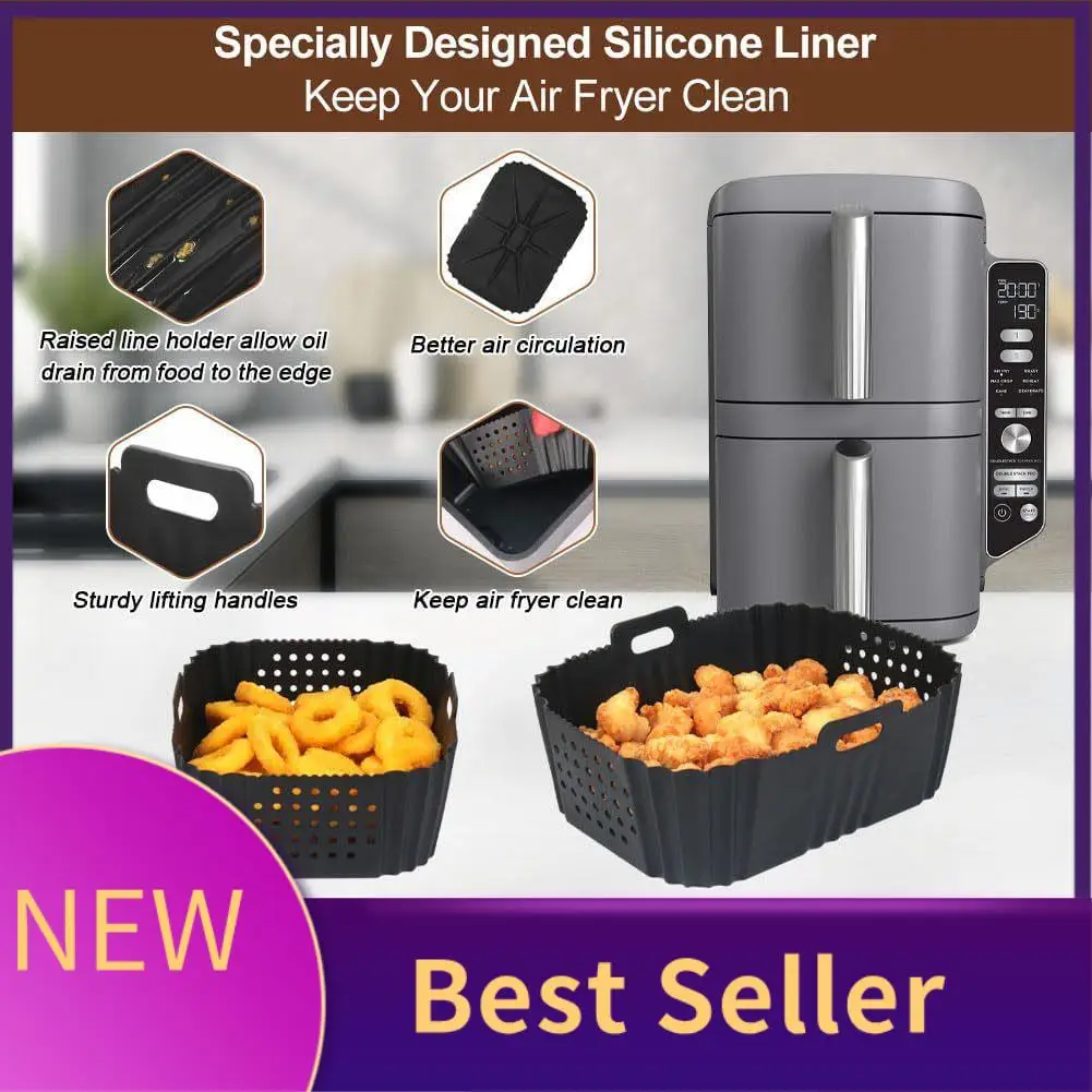 A01M-Air Fryer Liners For Ninja SL401 Double Stack 2 Basket Air Fryer Reusable Rectangle Perforated Silicone Liners
