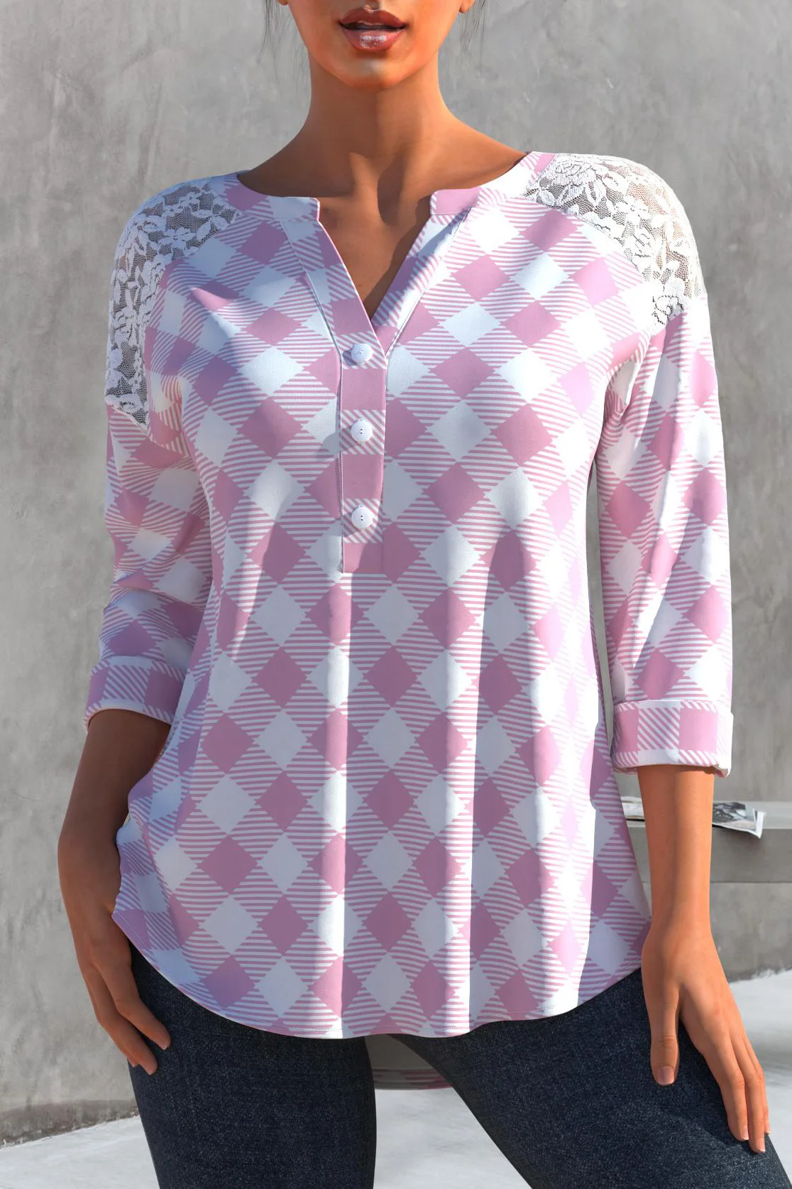 

Plus Size Plaid Print Split Neck Button Up 3/4 Sleeve Lace Stitching Blouses