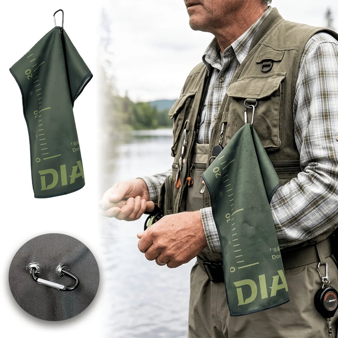 Fishing Towel with Built-In Fish Ruler Superfine Fiber Quick Dry Absorbent Towel Buckle for Outdoor Fishing Camping Travel