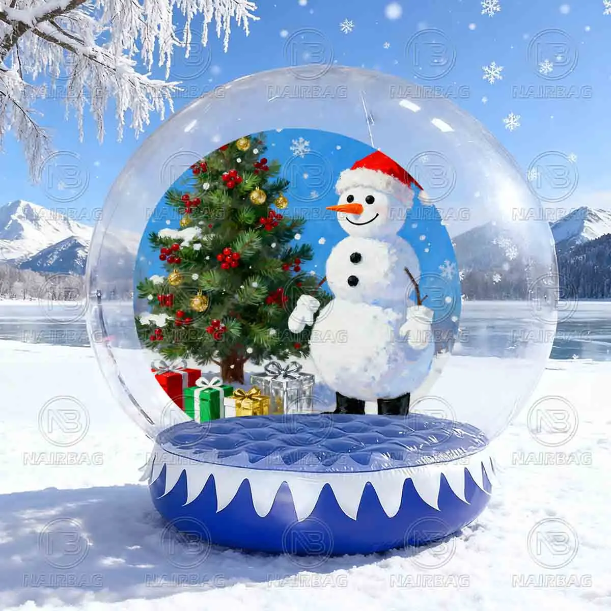 عيد الميلاد سنو غلوب مع الترامبولين نفخ كابينة تصوير خلفية فقاعة خيمة منزل الهواء قبة سنو غلوب مع الحارس
