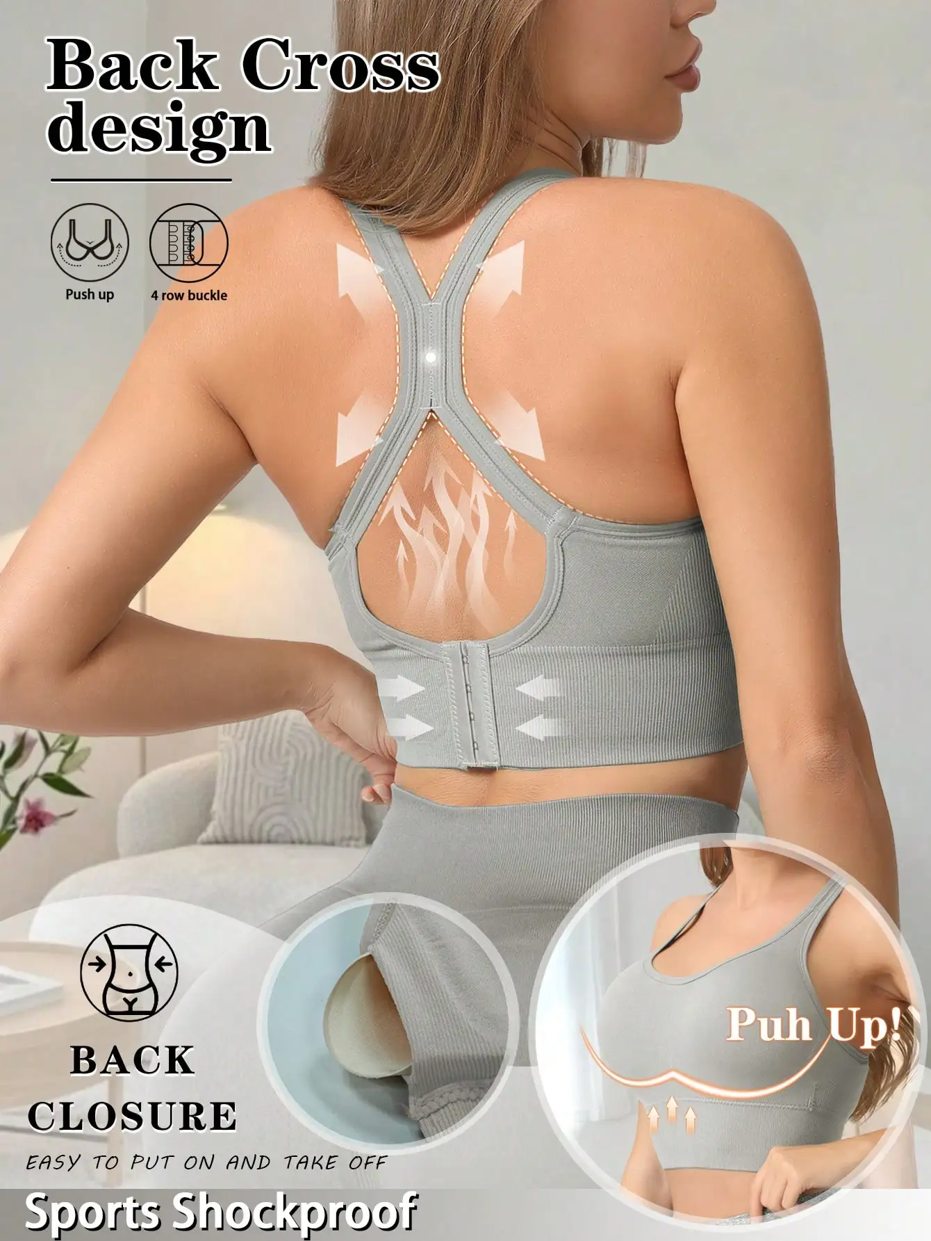 Sexy Push-Up-BHs für Damen, Sport-BH, Rückenkreuz-Unterwäsche, Yoga-Top, kabelloser BH, stoßfeste, bequeme Dessous für das Fitnessstudio – Detail 5
