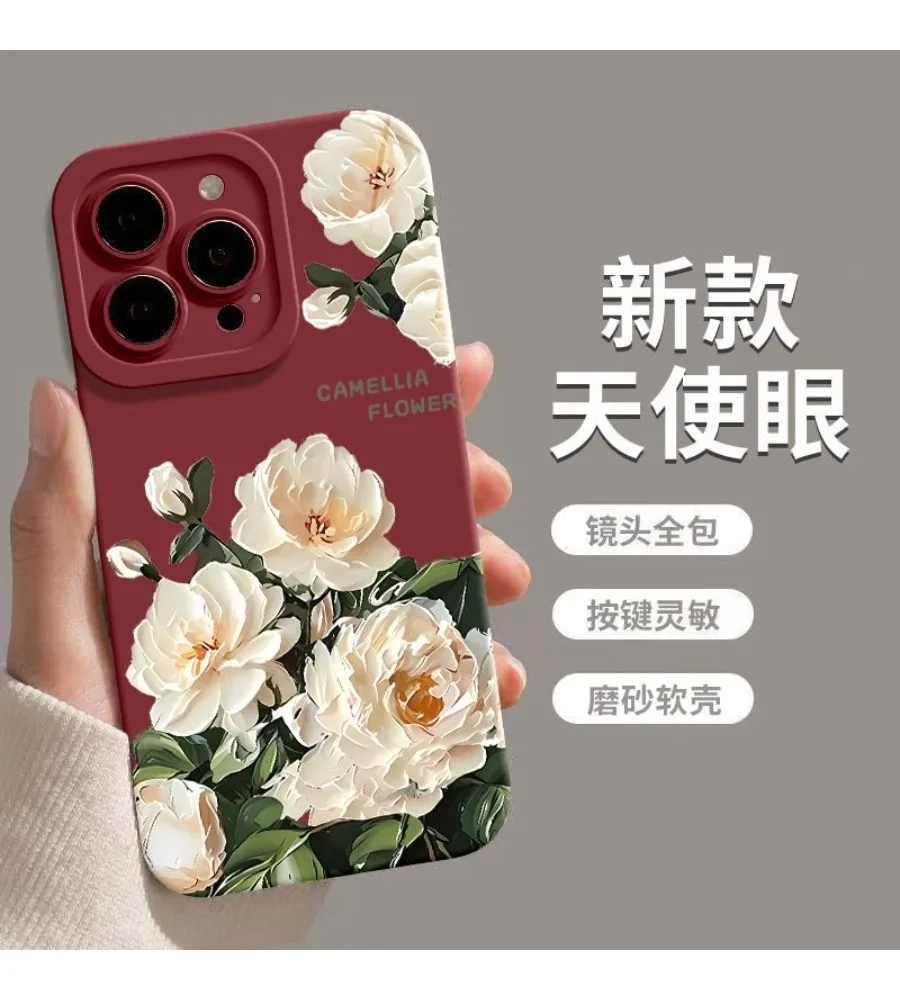 Vintage White Camellia Angel Eye Silicone Phone Case For iPhone 13 14 15 16 17 Pro Max Full Lens Shockproof Cover