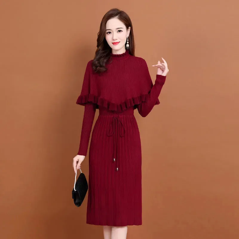 Thời Trang Mới 2021 Nữ Thu Đông Dài Áo Len Đầm Áo Thun Ấm Dệt Kim Chui Đầu Đầm + Áo Len Áo Vest 2 Miếng Bộ
